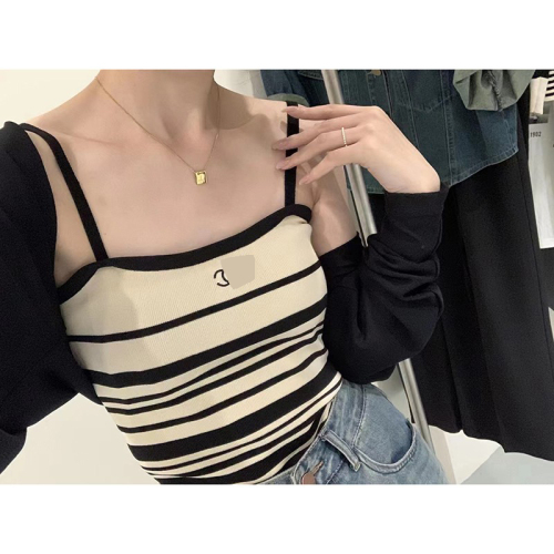 Korean style simple light luxury thin shoulder belt embroidery stripe color matching knitting bottoming out vest women's new summer slim fit