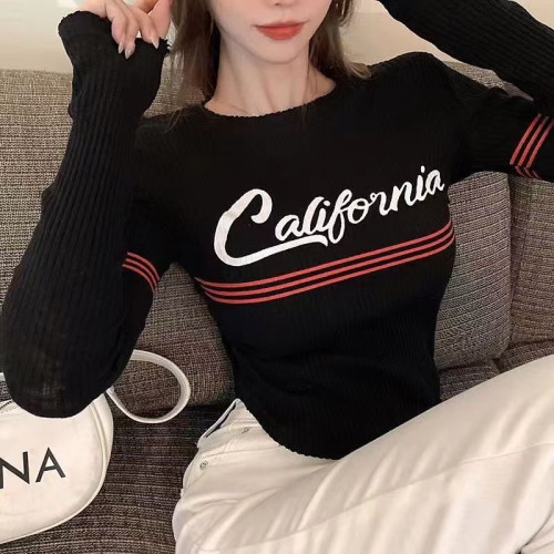 Knitted T-shirt women's spring and autumn tight thin spicy girl long sleeve bottoming shirt 2022 new short design top