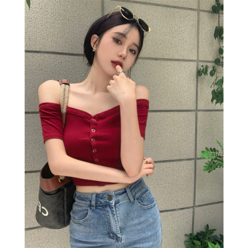 Real price ~ European and American slim straight neck single breasted short sleeved T-shirt women's thread elastic high waist exposed navel top