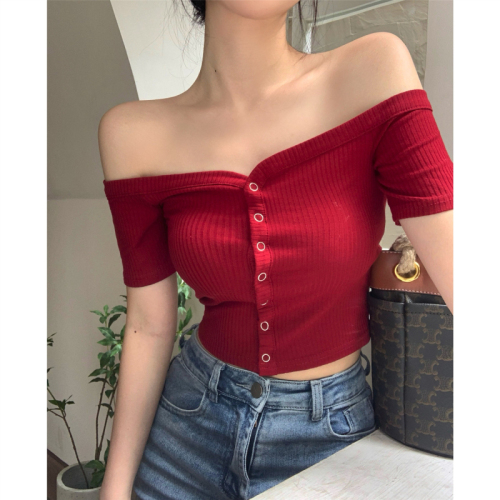 Real price ~ European and American slim straight neck single breasted short sleeved T-shirt women's thread elastic high waist exposed navel top
