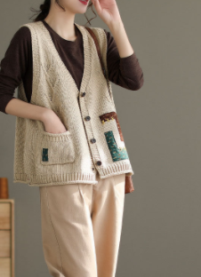 Vintage Hand Embroidered thread paste cloth cotton knitted cardigan vest spring loose vest girl