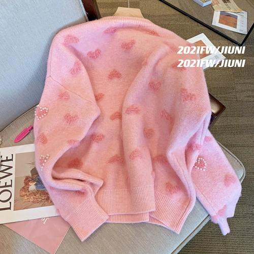 Nine neon pink love Beaded sweater women's 2022 autumn and winter new Korean gentle style loose Pullover knit top