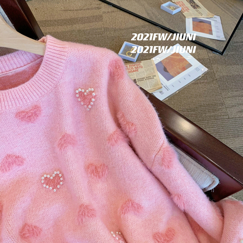 Nine neon pink love Beaded sweater women's 2022 autumn and winter new Korean gentle style loose Pullover knit top