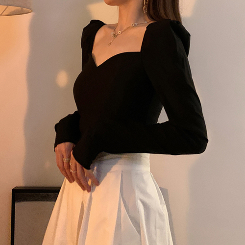 French Style Bubble Sleeve long sleeve T-shirt women's 2021 spring and autumn new style temperament slim ins top trend