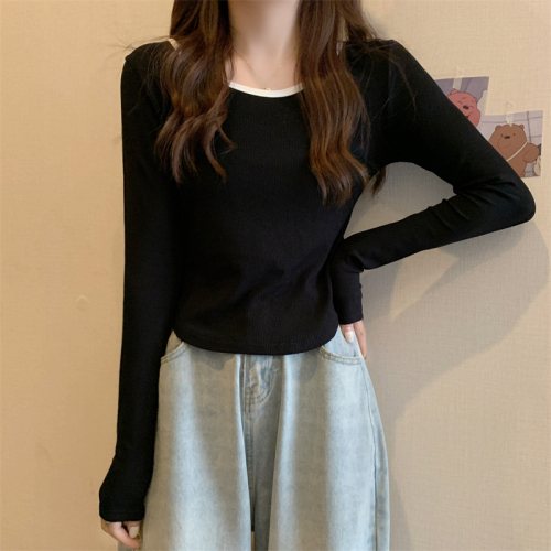 Real price 2022 new Korean design round neck color contrast long sleeve T-shirt women's top