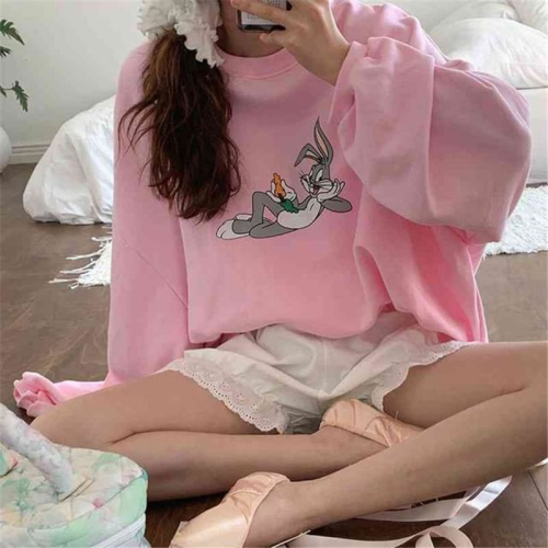 South Korea jkchi cute girl style rabbit print loose college Terry sweater loose autumn winter top Retro
