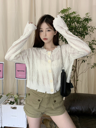 Real price Korean loose hollow out fried dough twist sunscreen thin knitted cardigan top women