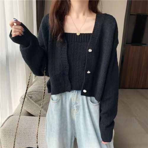 Spice Girls' short commuter knitted cardigan  new solid color long sleeved jacket women's spring autumn retro Hong Kong style sweater