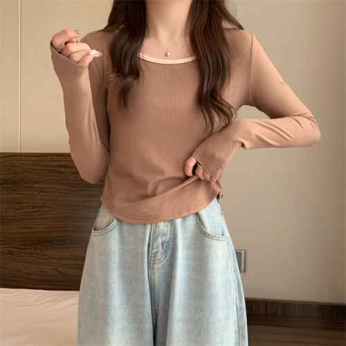 Real price 2022 new Korean design round neck color contrast long sleeve T-shirt women's top