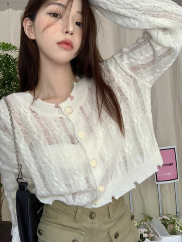 Real price Korean loose hollow out fried dough twist sunscreen thin knitted cardigan top women