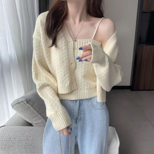 Spice Girls' short commuter knitted cardigan  new solid color long sleeved jacket women's spring autumn retro Hong Kong style sweater