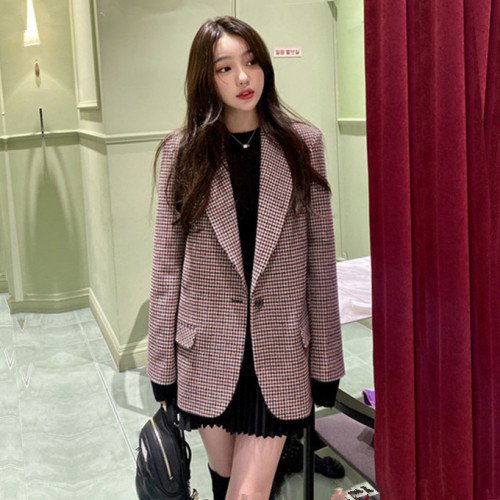 One button color matching thousand bird lattice casual suit women's  Korean version commuter Vintage lattice suit coat large