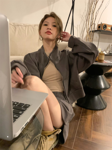 Real Price Hong Kong Style Stand Collar Short Dark Grey Long Sleeve Sweater Jacket + Elastic Waist Shorts