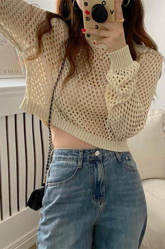 Thin long-sleeved sunscreen knitwear women's summer new loose and lazy style hollowed-out blouse with suspenders and a short top