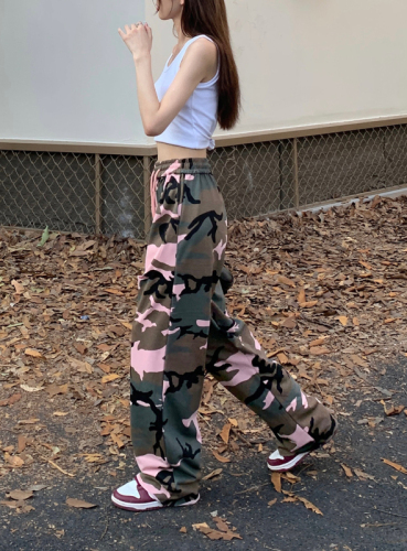 Real shot American retro overalls camouflage hole drawstring wide-leg casual trousers straight sweatpants women