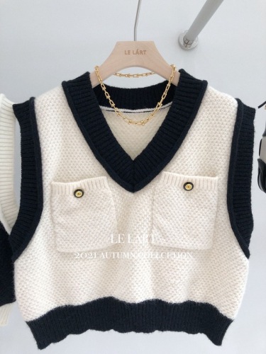 StandAlone retro British style color-blocking color-blocking vest woolen women's layered double-pocket v-neck sleeveless sweater