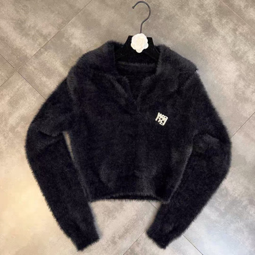 Lapel Slim Fit Cropped Mink Fleece Solid Sweater