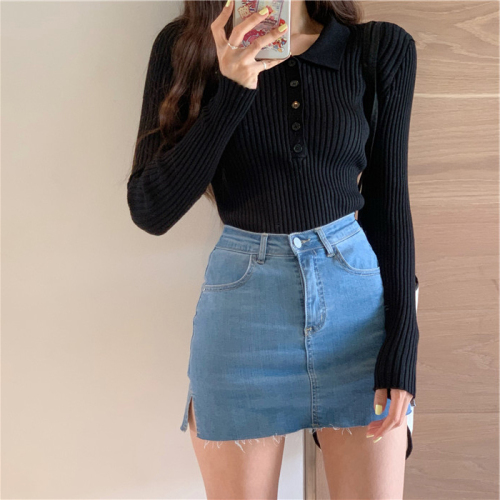 Lapel single-breasted gas slim bottoming knitted sweater women's spring new 2020 Korean version all-match short top