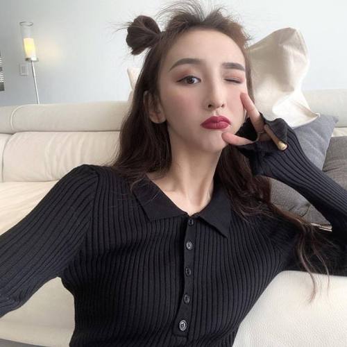 Lapel single-breasted gas slim bottoming knitted sweater women's spring new 2020 Korean version all-match short top