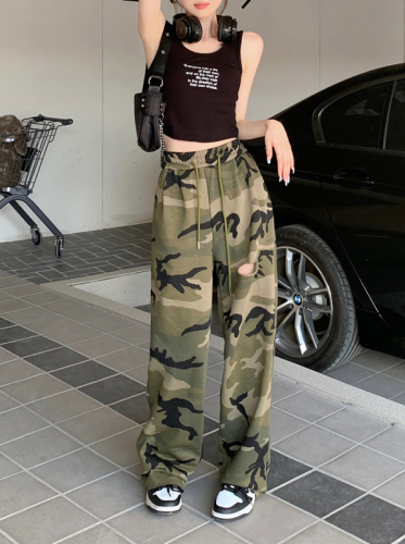 Real shot American retro overalls camouflage hole drawstring wide-leg casual trousers straight sweatpants women