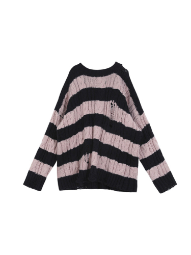Cai Ge does not stay up late pink striped loose lazy hole first love sweater women's spring sweater design sense