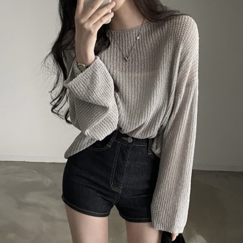 Real shot large size fat mm Korean version loose casual sunscreen blouse women's all-match solid color early autumn knitted top