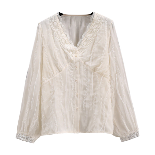 Autumn new large size fat mm gas v-neck lace shirt gentle all-match chiffon shirt M-4XL200 catties