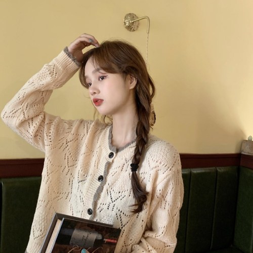 Real price Korean version loose contrast color lace sweet hollow knitted cardigan sweater jacket women