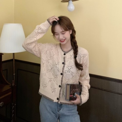 Real price Korean version loose contrast color lace sweet hollow knitted cardigan sweater jacket women