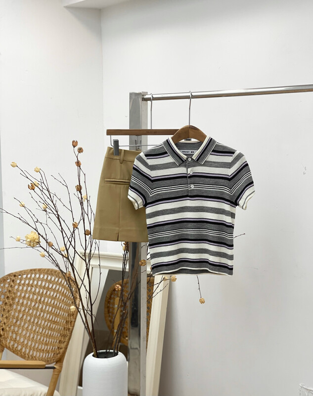 [TRUSTME] Lapel Striped Half Open Button Knit Sweater 69550
