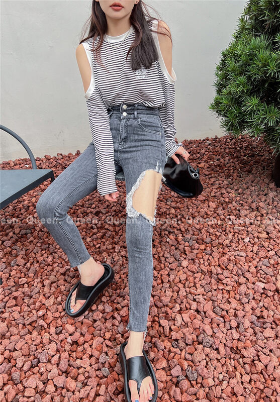 【QUEEN】Fashionable high waist ripped skinny jeans 598# OZQ