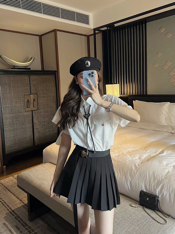 [HH] Korean Temperament Versatile Shirt + High Waist Pleated Skirt Set (with Removable Tie) 8590# LSL