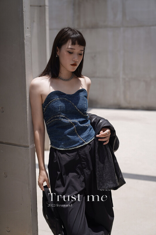 [TRUSTME] Advanced retro street design denim tube top strap 40123