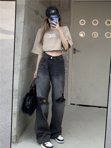 Real shot real price ripped jeans female straight loose low waist wide leg pants retro old pants