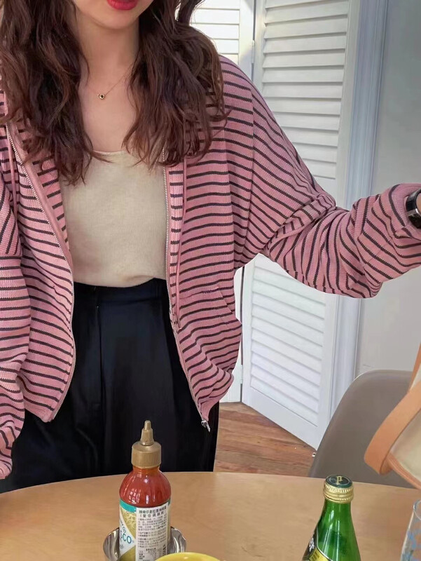 New in early autumn! [Xiaolujia] Striped all-match comfortable smiley hooded zipper knitted cardigan 80732# WTT