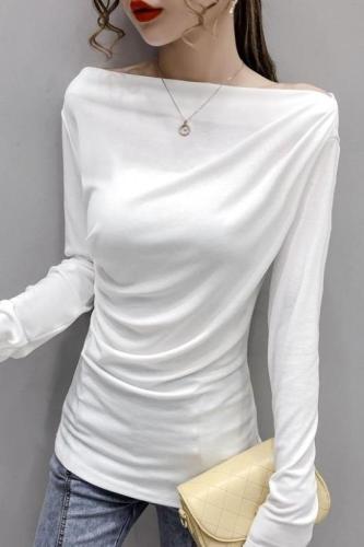 Real shot!  2022 autumn long-sleeved t-shirt slim fit two-piece one-word collar bottoming shirt to be thin and careful machine top