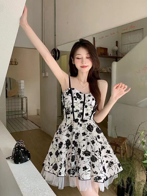 [HH] Korean style floral hem stitching mesh tube top dress (with removable shoulder straps) 8490# LSL