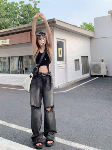 Real shot real price ripped jeans female straight loose low waist wide leg pants retro old pants