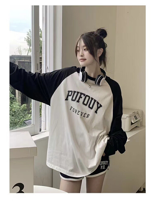 New in early autumn! [Xiaolujia] Letter stitching sleeve long-sleeved T-shirt 80726# WTT