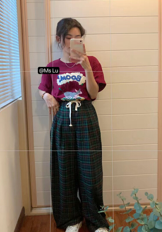 New in early autumn! [Xiaolujia] Plaid elastic drawstring loose casual pants 80718# WTT