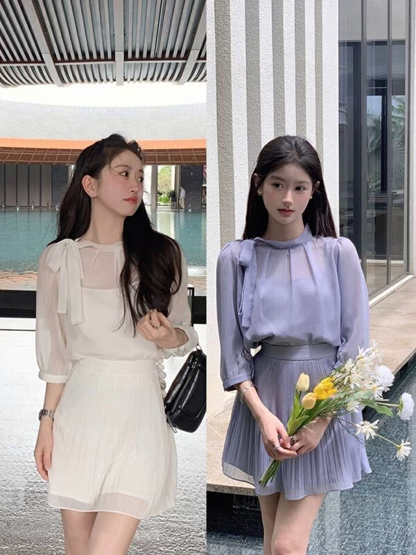 [HH] Temperament Simple Solid Color Lace-Up Shirt + Simple Camisole + A-Line Suit 8628# LSL