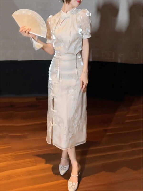 【MQL】Elegant Embroidered Stand Collar Puff Sleeve Short Shirt + Mid-Length Skirt Suit 134# WPL