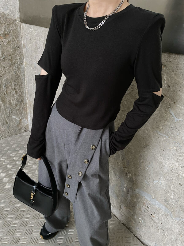 New in early autumn! [M2W.D] Simple solid color hollow long-sleeved T-shirt 11818# OZQ