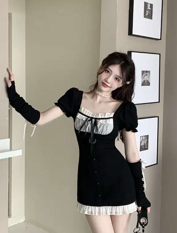 New in early autumn! [HH] Korean fashion pure desire square collar slim dress (with detachable sleeves) (only sell dress) 8657# LSL