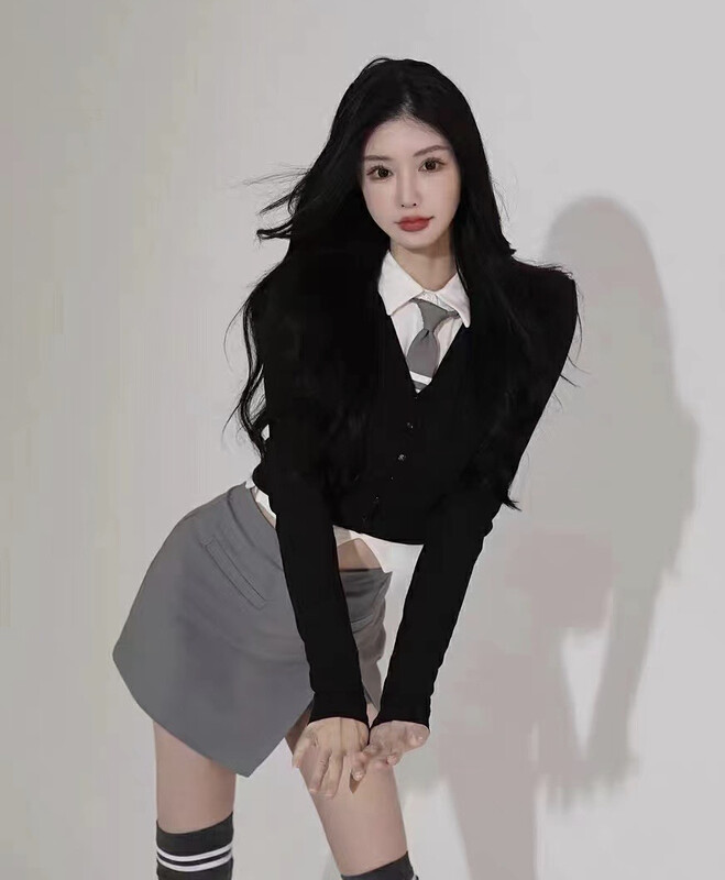 New in early autumn! [HH] Korean slim lapel shirt + short cardigan + slim skirt three-piece suit (with tie) 8716# LSL