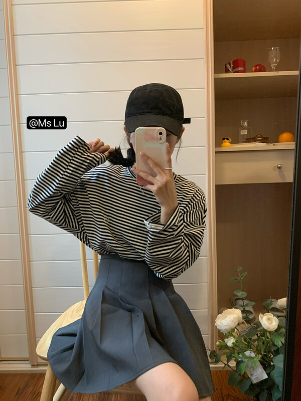 New in early autumn! [Xiaolujia] striped small embroidery all-match long-sleeved T-shirt 80755# WTT