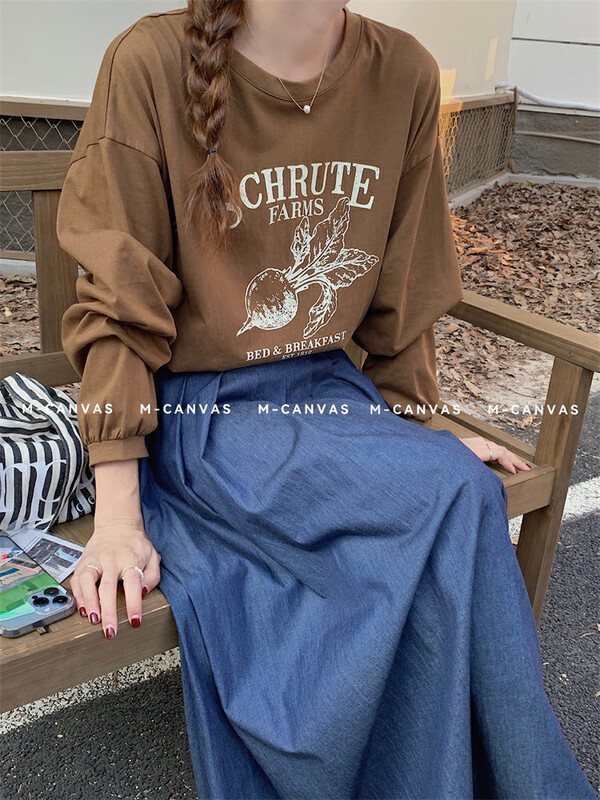 New in early autumn! [M-CANVAS] Korean letter printing loose long-sleeved T-shirt 8932# HYY