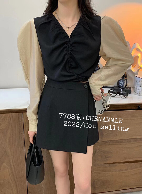 New in early autumn!【CHENANNLE】Designed drawstring V-neck shirt + irregular skirt suit 9903# PCZ