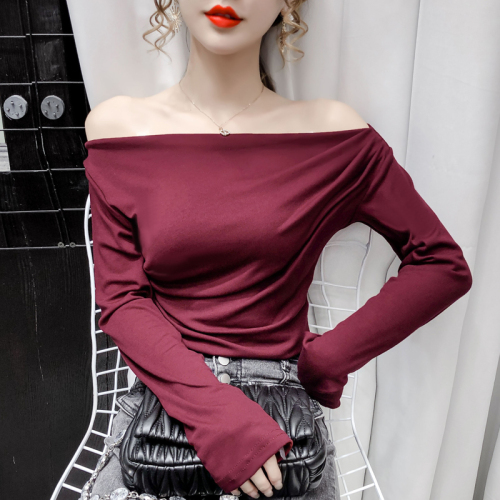 Real shot!  2022 autumn long-sleeved t-shirt slim fit two-piece one-word collar bottoming shirt to be thin and careful machine top