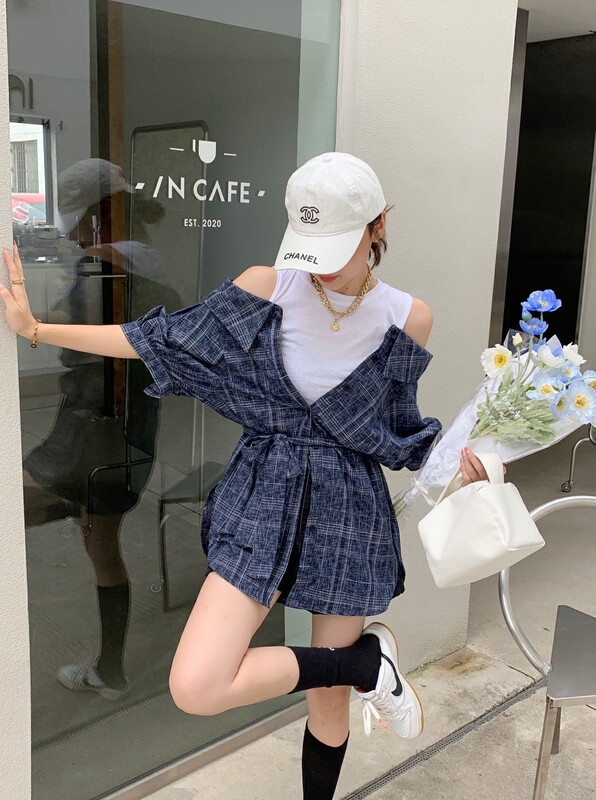 【B.BOOM】Fake two-piece plaid fashion shirt (with waist rope, belt) 2779# OZQ
